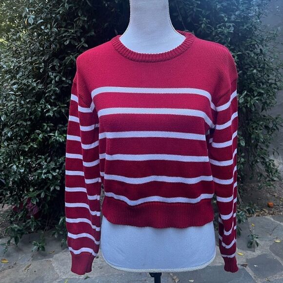 BRANDY MELVILLE CROPPED SWEATER RED WHITE STRIPES OS MADE IN ITALY - Picture 2 of 9